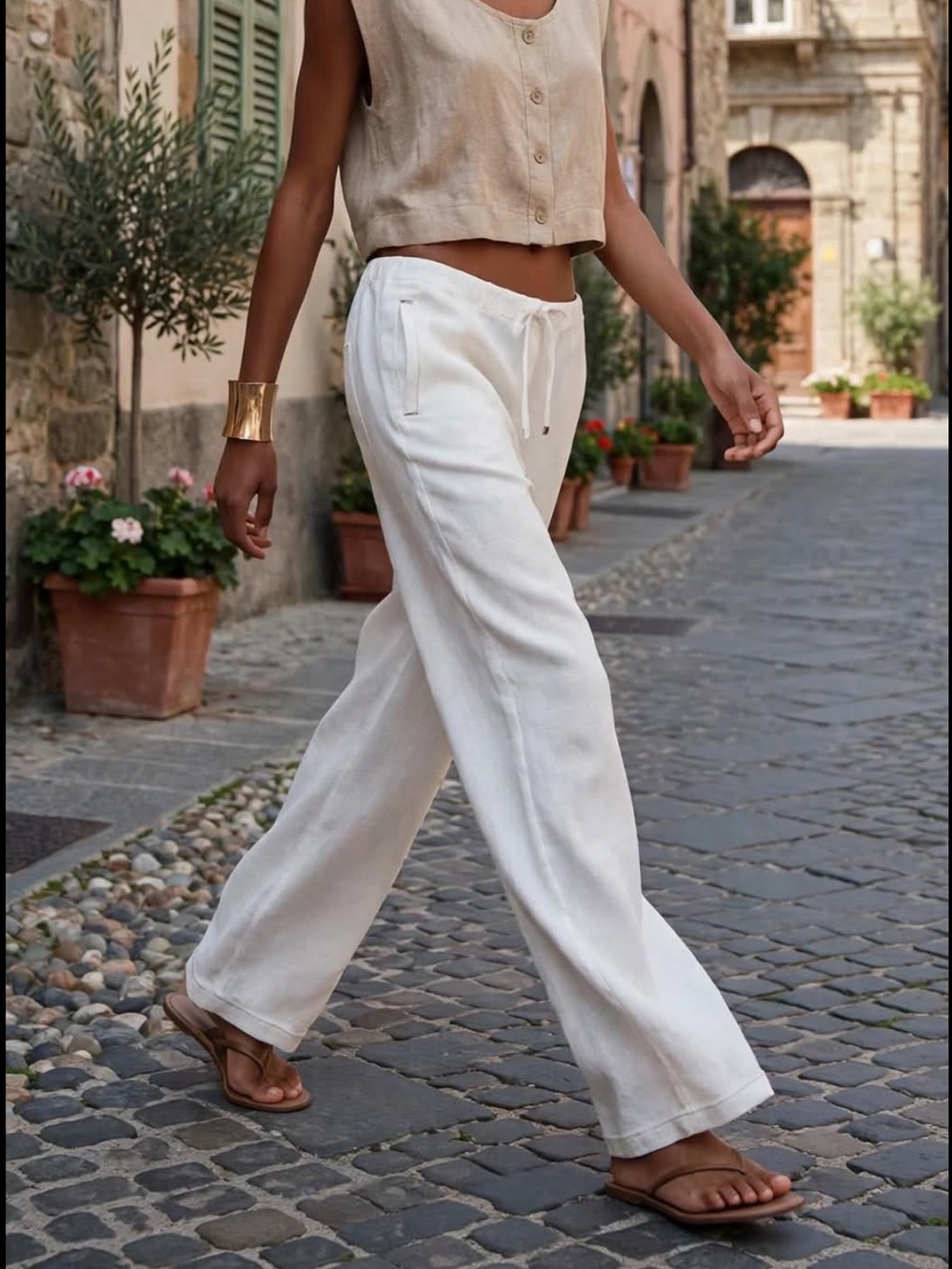 Zara Beige Crop Button Tank & White Wide-Leg Pants Set